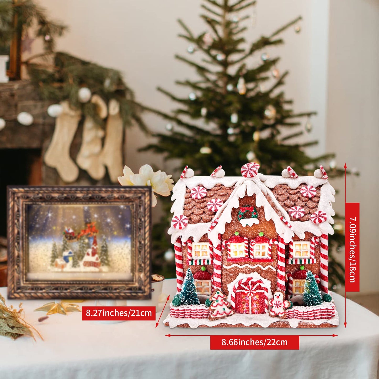 KPCB Gingerbread House Decorations - Gingerbread Decor 8.7 inches - Classic Christmas Village Figurines with Detailed Handcrafted Elements - Table Centerpiece Cookie Holiday Decor
