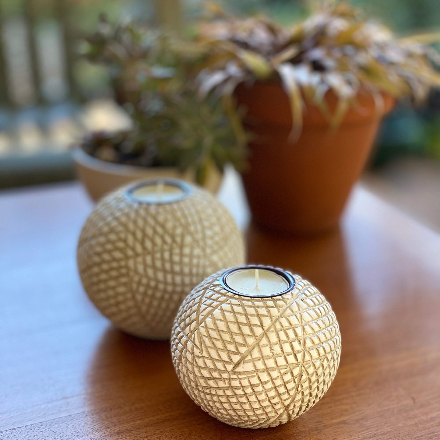 Luca Orb Tea Light Candle Holders (Gift Boxed Set of 2), Coffee Table, Console, Entryway or Fireplace Mantel Decor, Centerpiece for Dining or Living Room (Grid Pattern, Beige and White)