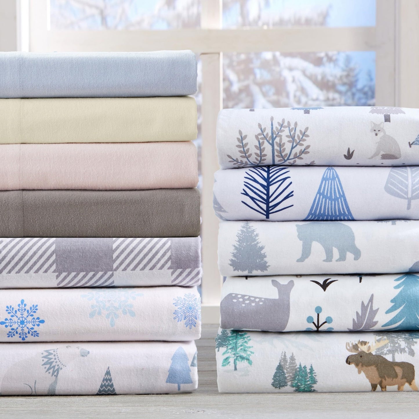 Market & Place 100% Turkish Cotton Flannel Sheet Set | 4 Piece Deep Pocket Novelty Cozy Winter Bed Sheets | Double Brushed for Extra Softness & Comfort | Alpine Collection (Queen, Blue Snowflake)