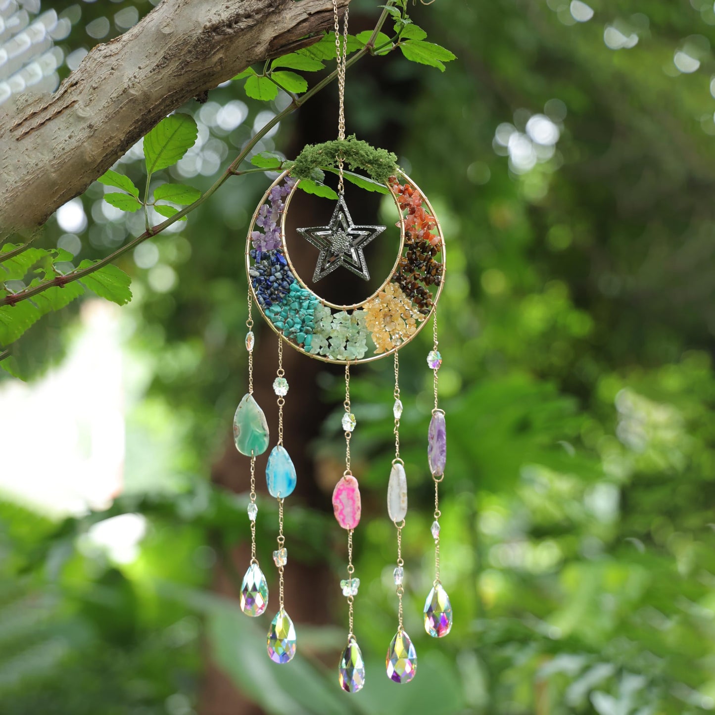 Agate Dream Catcher - Dreamsum Green 7 Chakra Tree of Life Dream Catcher with Rainbow Crystal Stones Handmade Gold Dreamcatcher Wall Decor for Adults Boys Girls, Bedroom, Wedding, Garden, Bless Gift