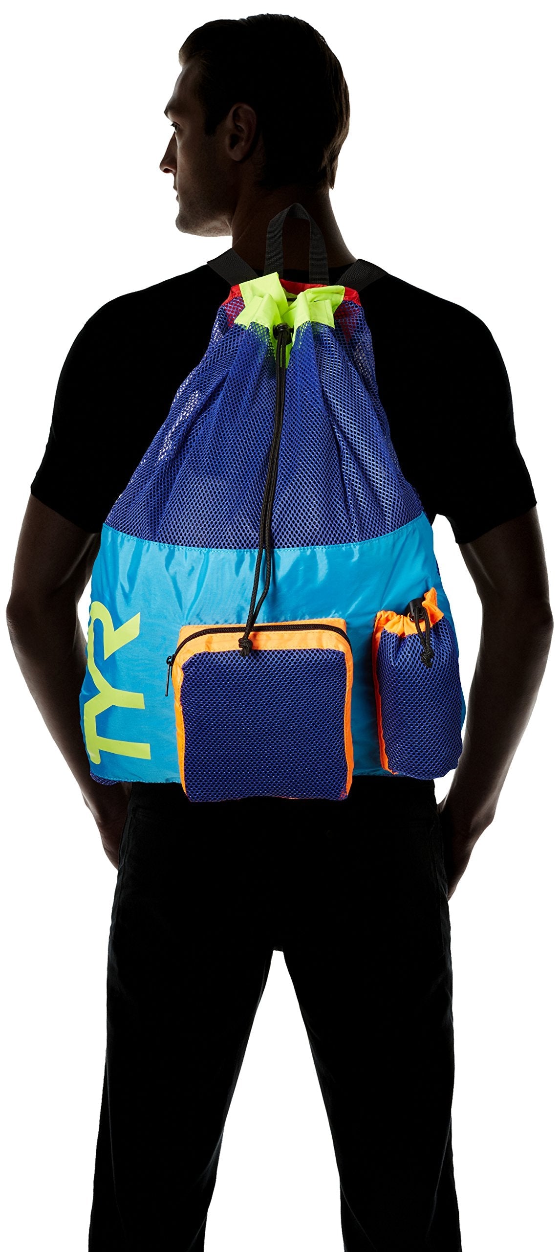 TYR Big Mesh Mummy Backpack for Wet Swimming, Gym, and Workout Gear, Blue/Yellow