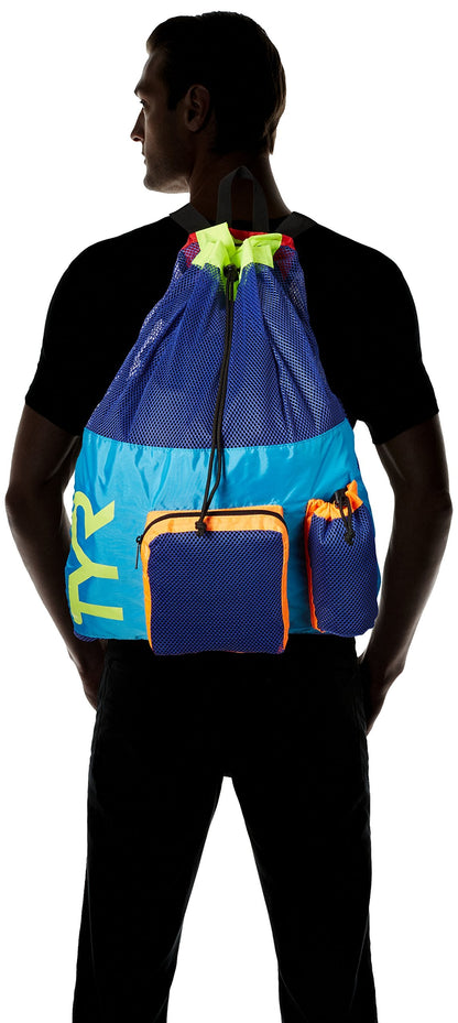 TYR Big Mesh Mummy Backpack for Wet Swimming, Gym, and Workout Gear, Blue/Yellow