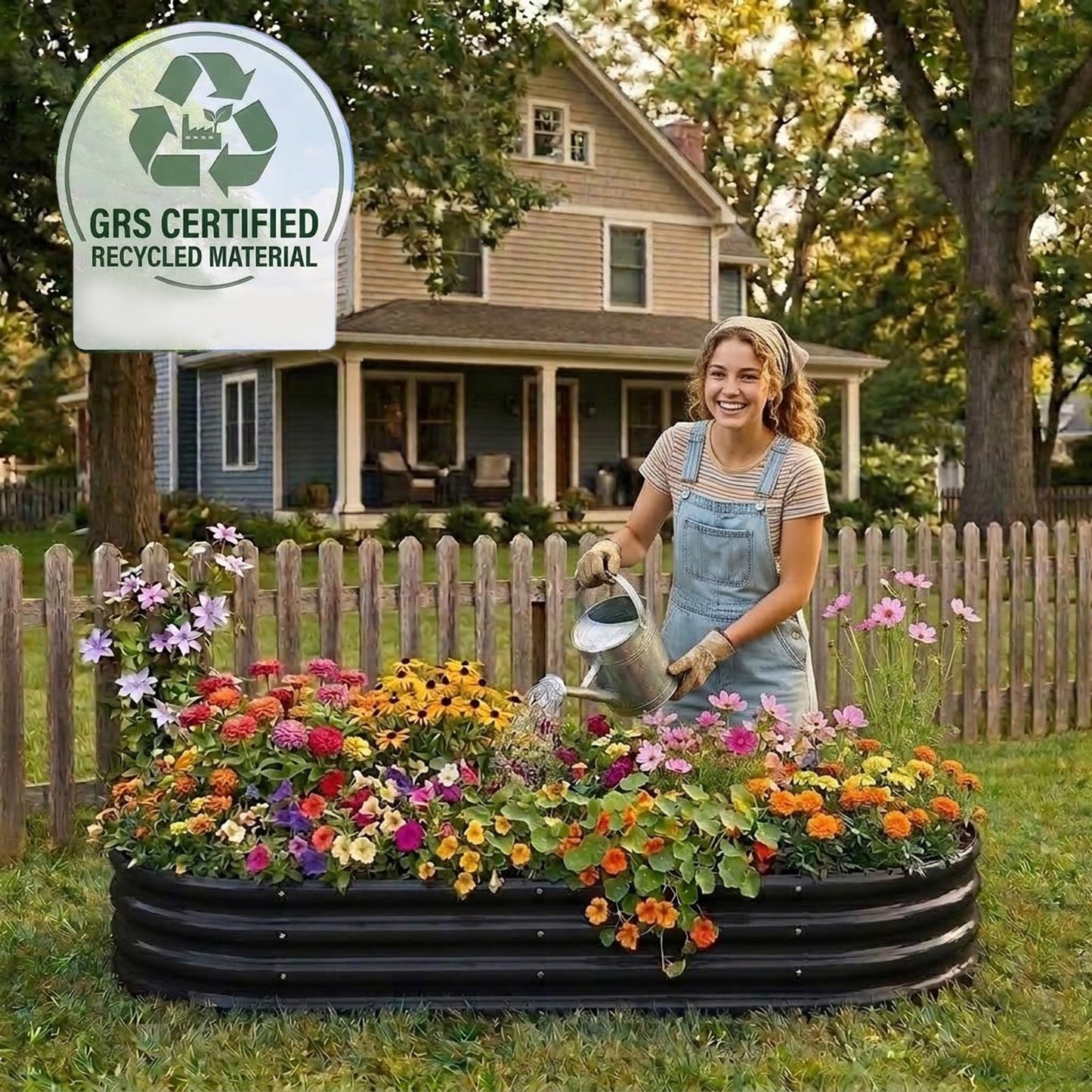 Rakukiri Raised Garden Bed GRS Certified Galvanized Planter Box Outdoor, 5ft Oval Rot-Resistant Metal Garden Bed Planter, Recycled Material Planter for Vegetables Flowers Herbs (Black)