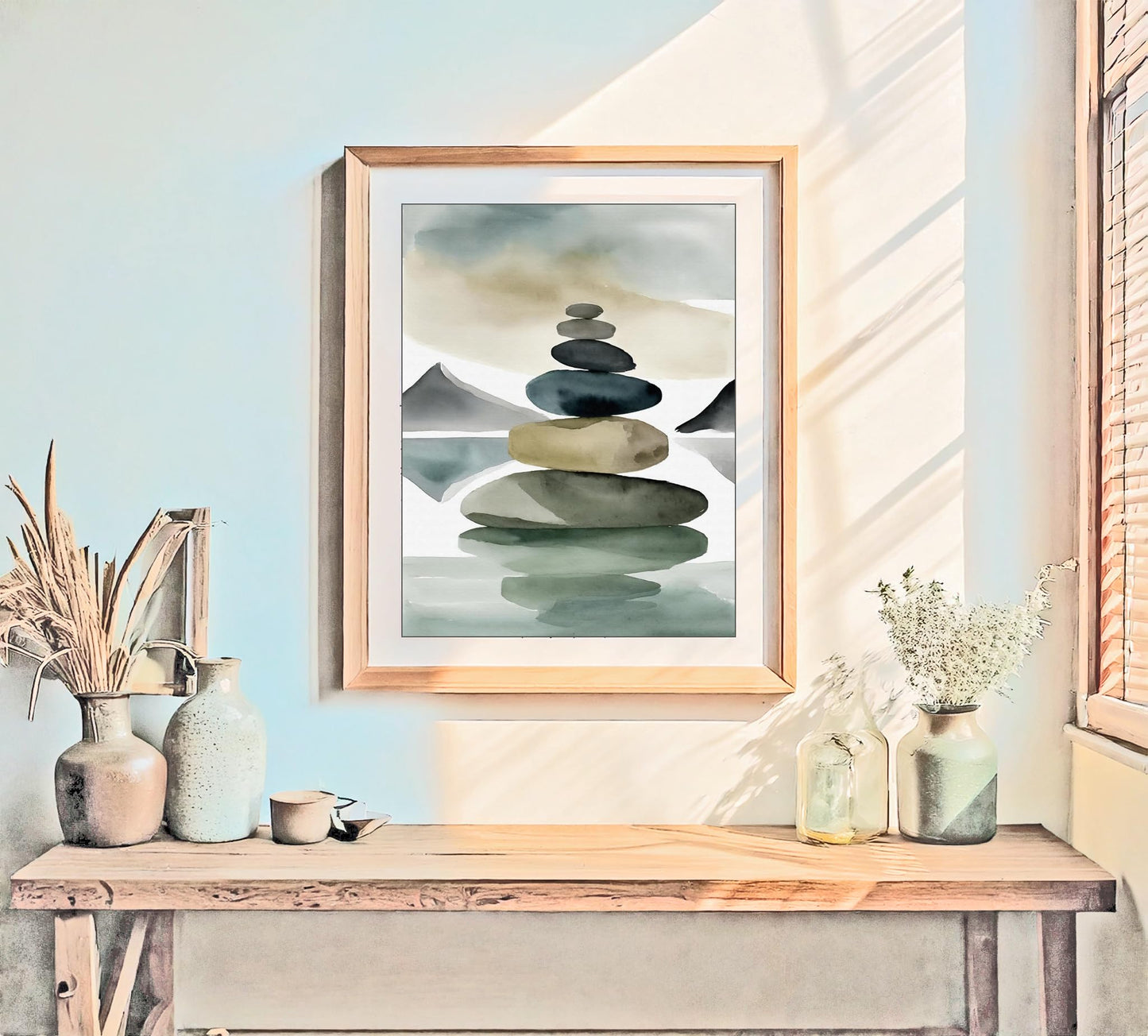 Watercolor Balancing Stones Stacked Illustration Art Print for Yoga Studio Serenity Display, Mint Green Meditation Room Harmony Accent, Beach House Home Office Bedroom Living Area Nursery Dorm Wall Art, Young Yogi Meditator Wellness Enthusiast Teacher Gif