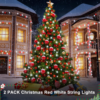 DBFAIRY 2PACK Red White Battery Christmas String Lights 32.8Ft 100LEDs, Battery Operated Wreath String Lights 8 Modes with Remote Timer Christmas Decoration for Tree Patio Garden Yard