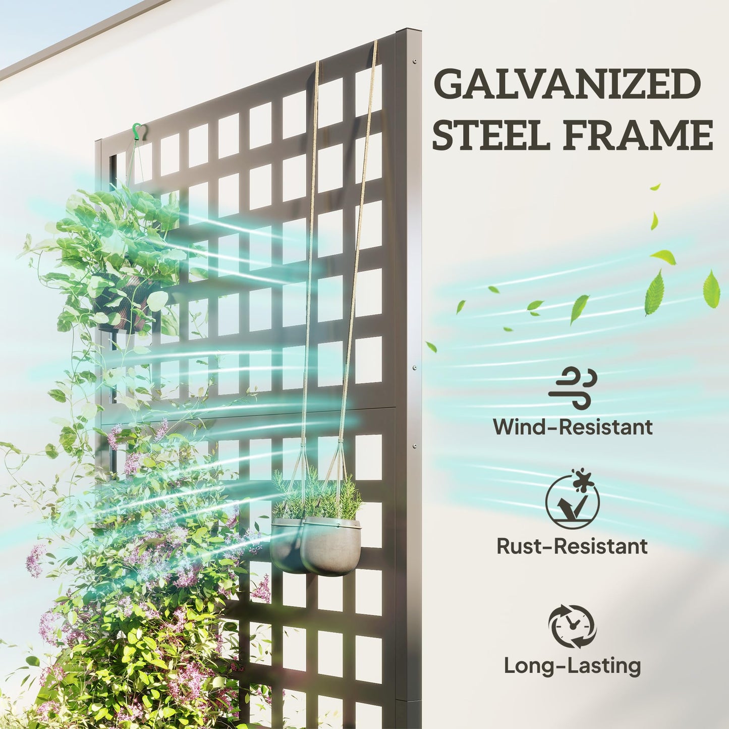 Outsunny Galvanized Raised Garden Bed with Trellis, Metal Planter Box with Drainage Holes, Outdoor Privacy Screen for Climbing Plants, Vegetable, Vines, 35" x 16" x 70", Gray Wood Effect