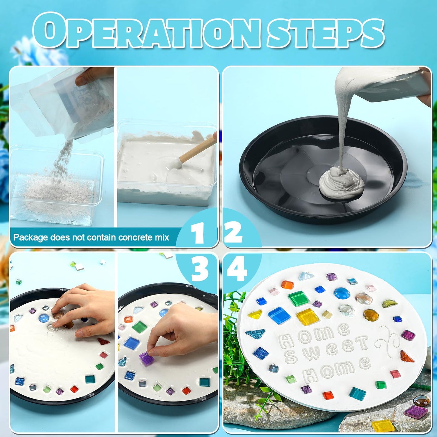 LOYIM 5 Pcs 3 Size Stepping Stone Kit for DIY Outdoor Garden Stepping Stone Includes Cement Molds Mosaic Tiles and Concrete Letter Stamps No Concrete Mix(Black)