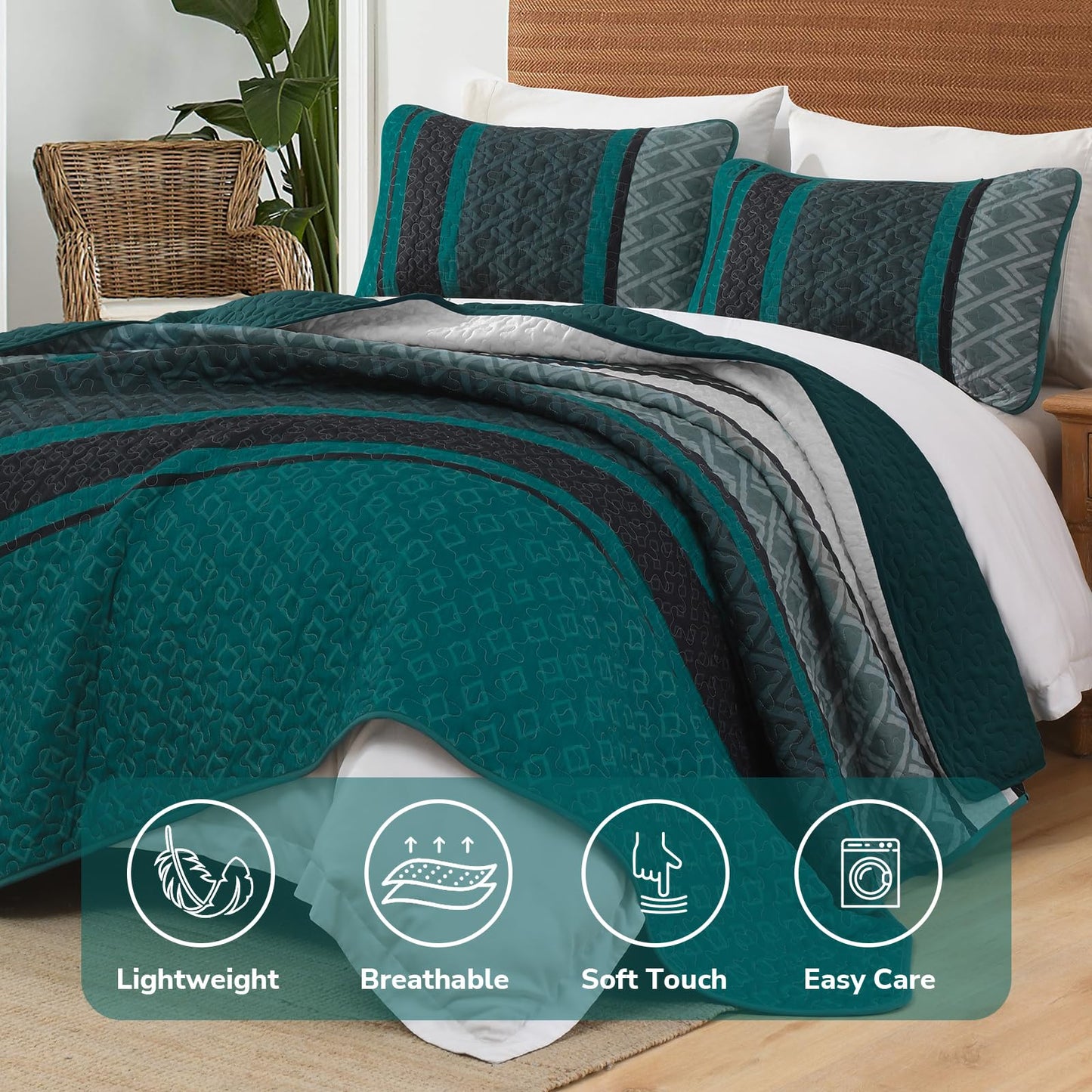 Dinjoy Boho Queen Quilt Set, Soft 3 Pieces Striped Bedspreads, Dark Green Bedding Sets Micofiber Lightweight Quilts with 2 Pillow Shams Coverlet Bed Sets for Women Men 96''x90''