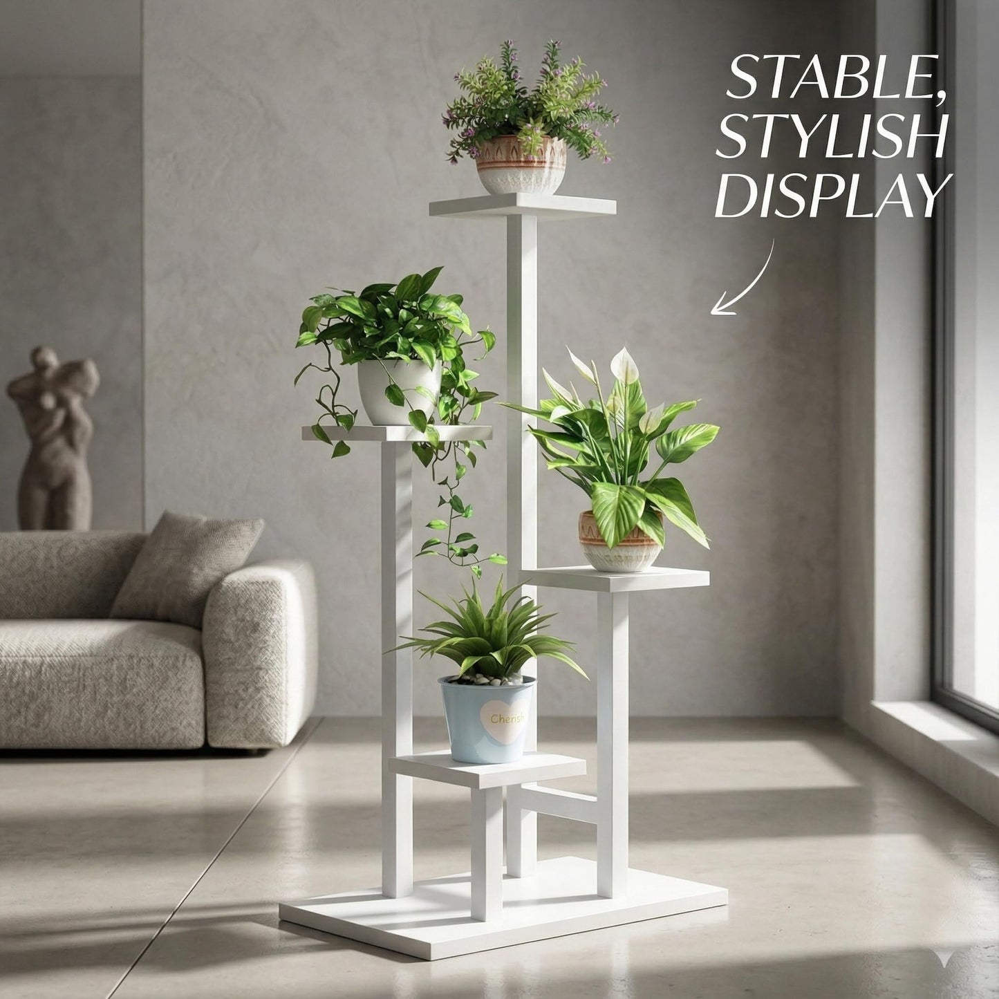 Kikbo 4-Tier Plant Stand Indoor, Tall Metal Plant Shelf for Multiple Plants, Corner Flower Pot Stand for Living Room, Balcony, Bedroom, Space Saving Plant Rack, White