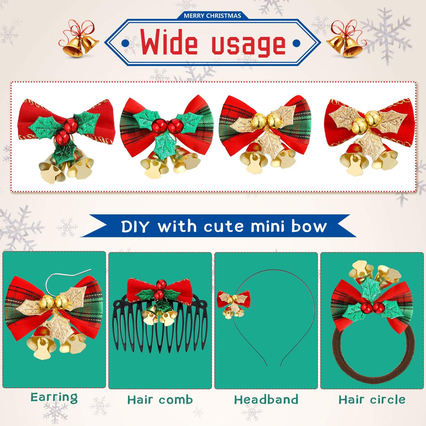 WILLBOND Christmas Mini Bows for Crafts 2" Tiny Christmas Bows for Present with Bells Small Bowknot Ornament DIY Craft for Tree Wreaths Hanging Decor Gift Decorations(40 Pieces)