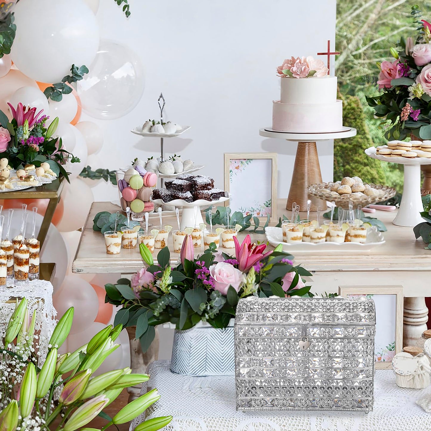 JUXYES Silver Sparkle Crystal Wedding Card Box With Lid for Reception, Gorgeous Treasure Chest Style Keepsake Envelope Box 12 Inches Large Card Receiving Box for Wedding, Reception, Birthday Party