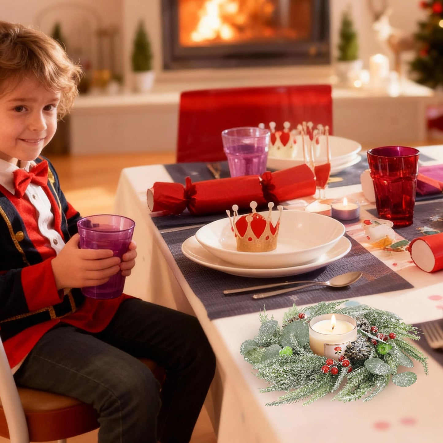 Christmas Candle Rings Wreaths,Snowy Norfolk Pine Garland Red Green Berry Eucalyptus Leaves Pinecones Wreaths,Pillar Candle Rings for Home Christmas Table Centerpiece Decorations