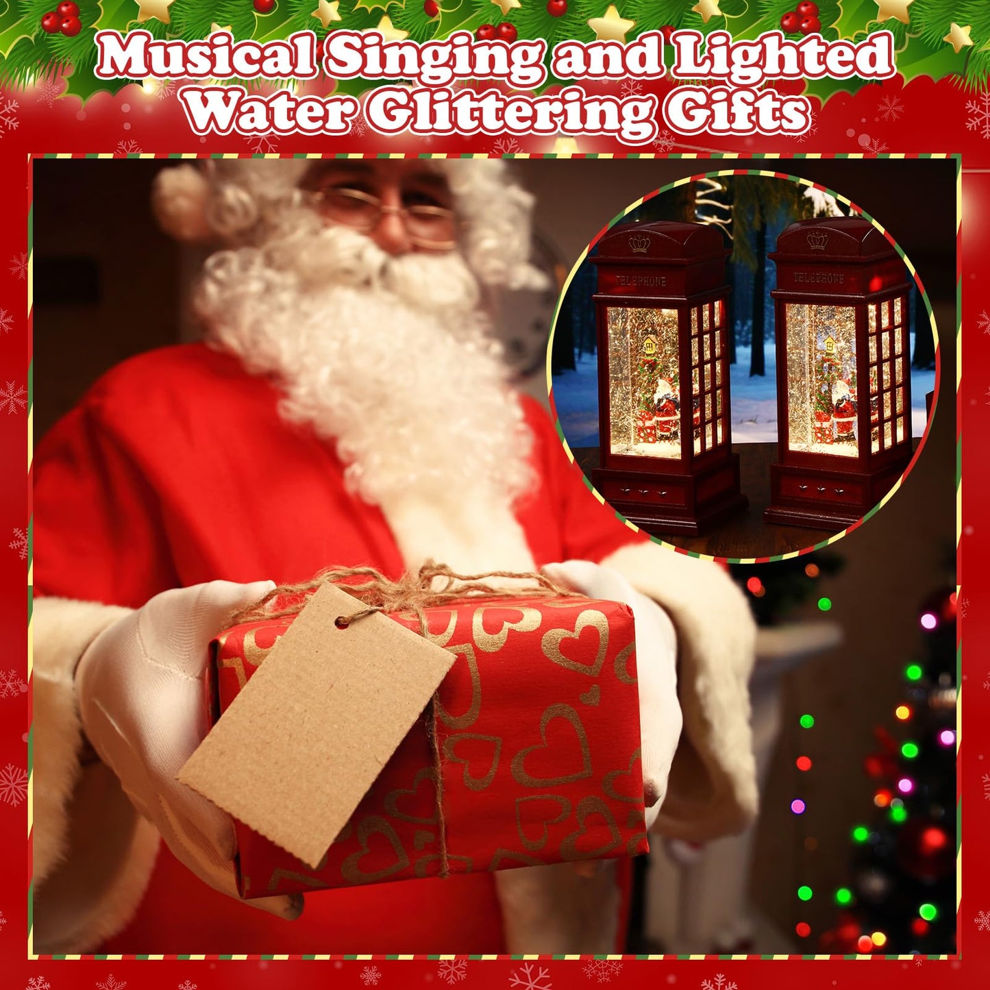 Riakrum 2 Pcs Christmas Snow Globe Lantern Phone Booth 9.8 Inch Battery or USB Operated Red Glitter Musical Singing and Lighted Water Night Light Centerpiece for Xmas Party Decoration