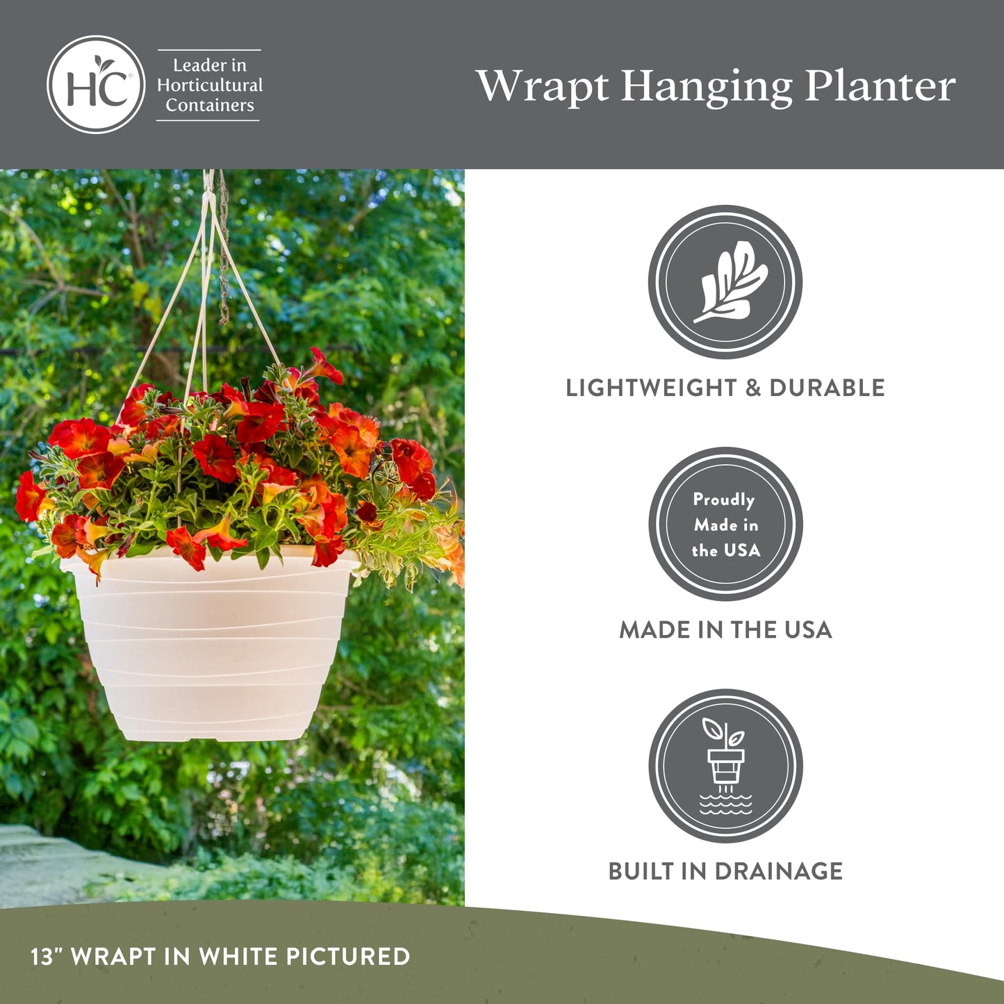 The HC Companies Wrapt Hanging Planters - Lightweight Plant Pot Hanger for Hanging Plants, Vegetables & Herbs - Outdoor & Indoor Hanging Basket for Plants (13" Pepperstone, Pack of 1)