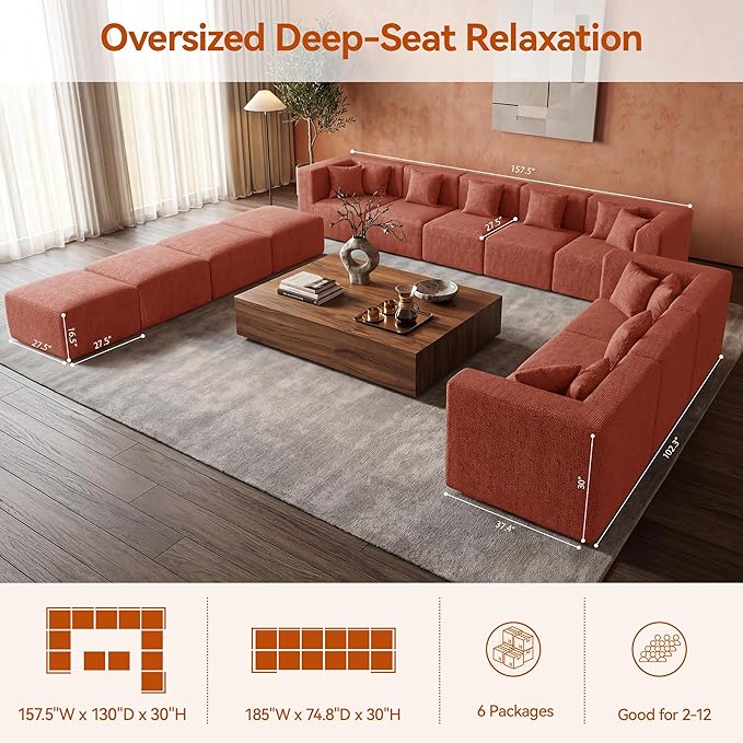 MONVANE Modular Sectional Sofa, Oversized 12 Seat Convertible U Shaped Couch