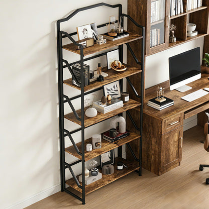JSB 5 Tier No Assembly Folding Bookshelf, Foldable Storage Bookcase for Home Office, Space-Saving Storage Shelf for Living Room, Bedroom (Rustic Brown, 5-Tier)