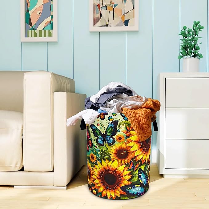 Beautiful Butterfly Sunflower Laundry Basket Oxford Cloth Laundry Hamper