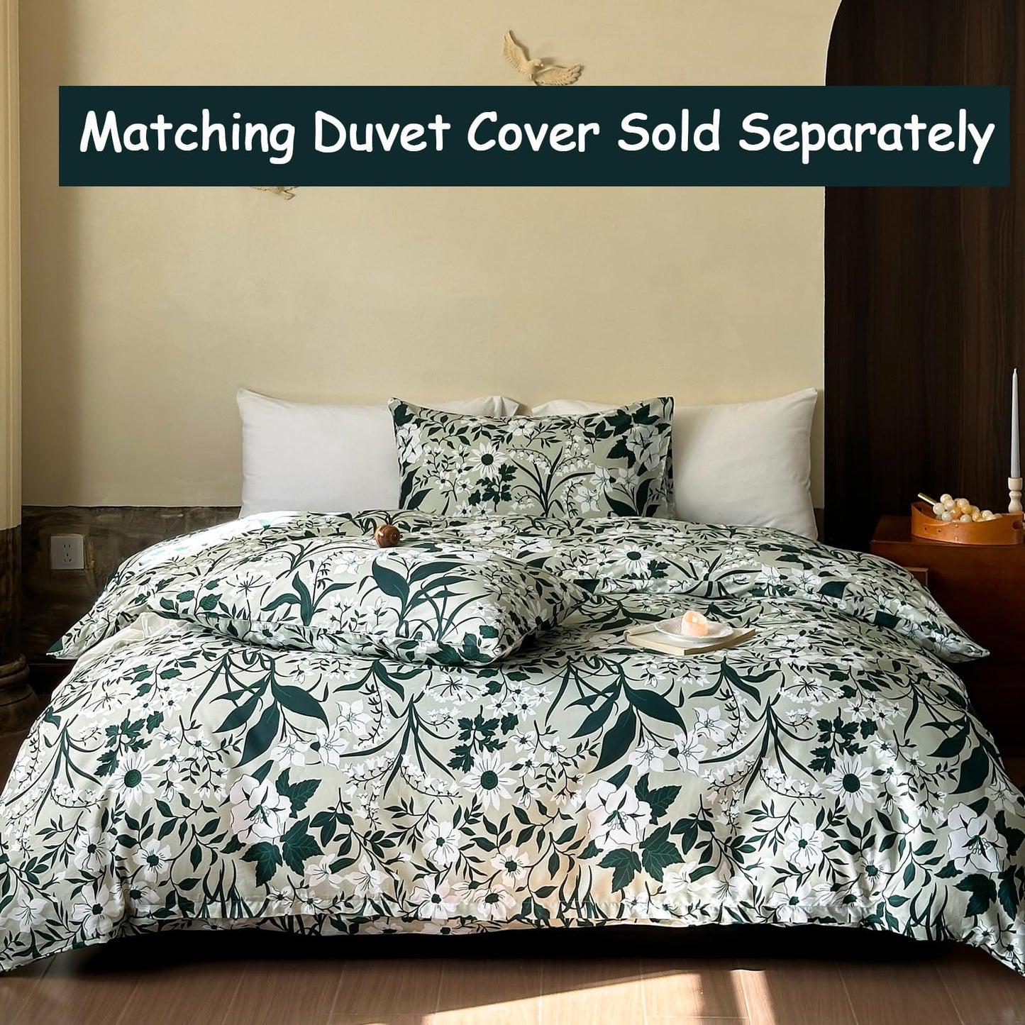 Helthep 100% Cotton Green Floral Printed Bed Sheets, Floral Sheet Set King with 17.5" Deep Pocket, 4Pcs Botanical Patterned Sheets for King Size Bed