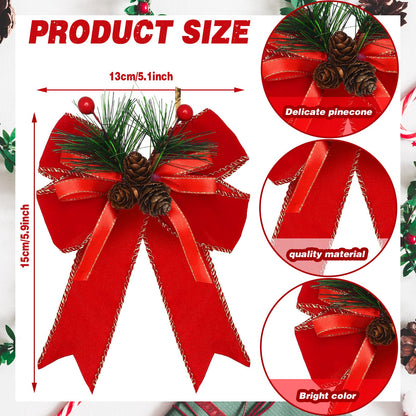 Syhood 6 Pcs Christmas Bows with Pine Cones Pine Needles Xmas Velvet Bows Red Ribbon Christmas Tree Wreath Decoration for Xmas Parties Indoor Outdoor Crafts DIY Decor