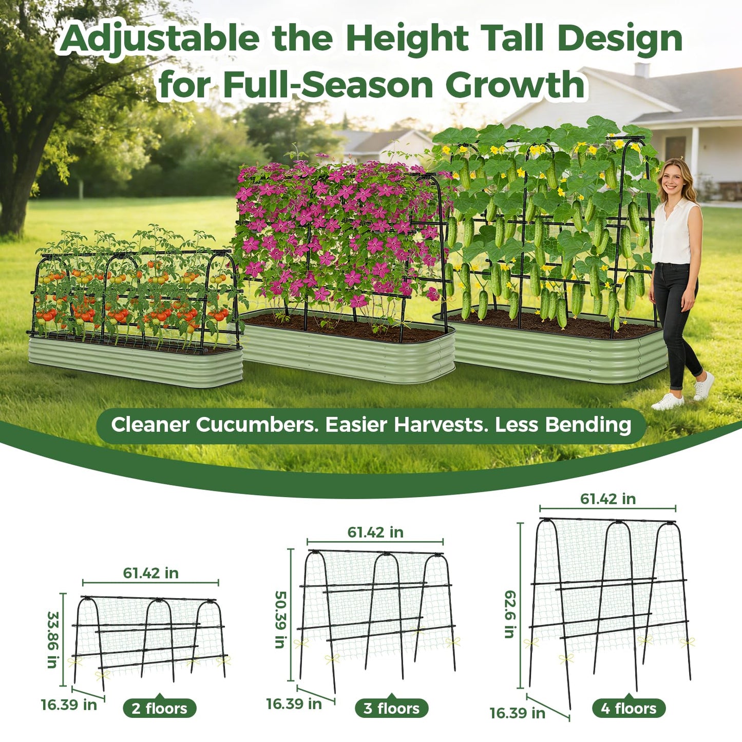 Cucumber Trellis for Raised Bed, 62"x62"U-Shape Garden Trellis for Climbing Plants Outdoor, Metal Arch Plant Support with Netting for Cucumbers, Beans, Tomatoes & Climbing Vegetables