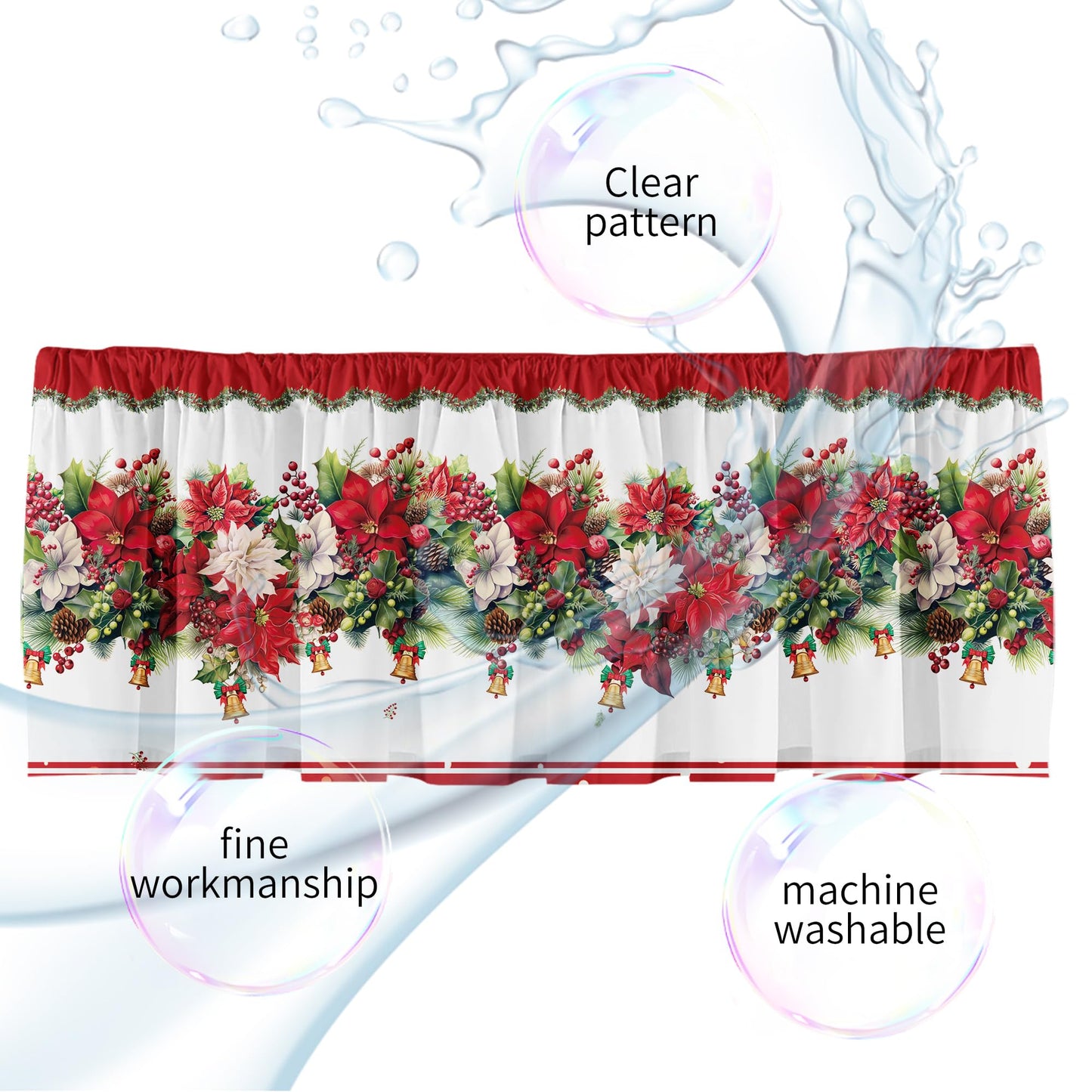 SUNWISHA Christmas Poinsettia Curtains Valance for Kitchen Window 52 x 18 Inch Window Decor Red