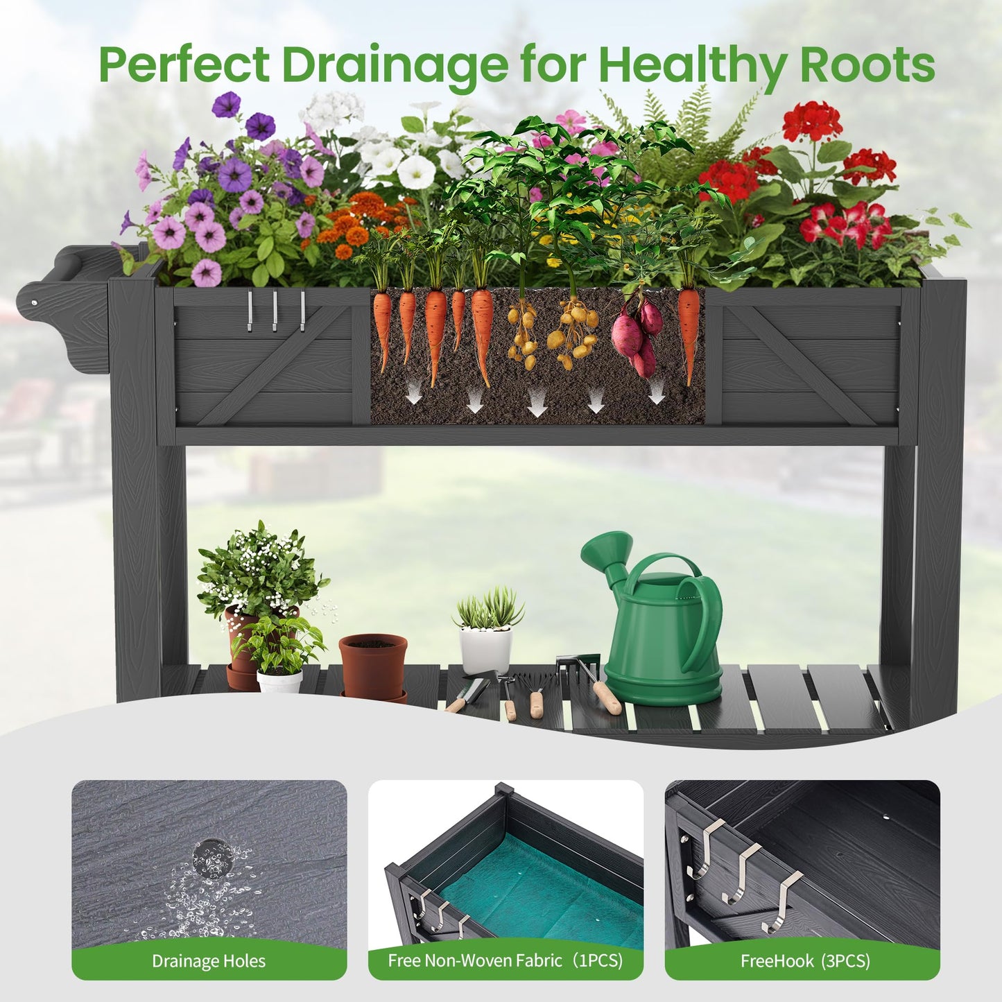 Elevated Raised Garden Bed with Legs & Wheels, 47x17x29.7in Large Planter Box with Handle & Shelf, HIPS All-Weather Outdoor Planter with Drainage Holes, Liner & Hooks for Vegetables, Herbs & Flowers