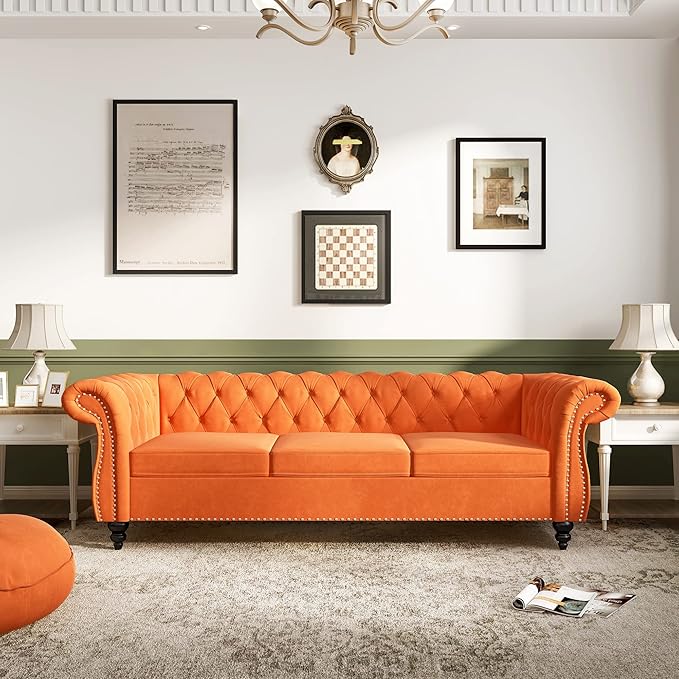 ORRD 2 Piece Living Room Set, Velvet Chesterfield Sofa Loveseat Couch