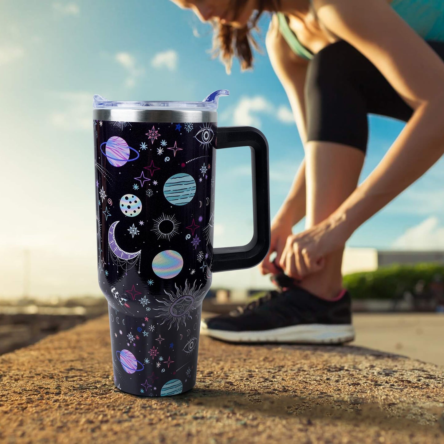 Lumumanber 40 oz Goth Moon Tumbler with Handle and Straw, Black Gothic Travel Mug Water Bottle, Stainless Steel Insulated Cup with Lid and Straw, Birthday Christmas Halloween Gifts