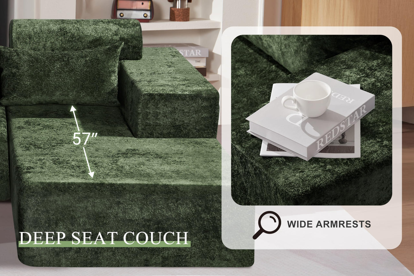 HABUTWAY 105" L-Shape Modular Sectional Sofa Couch for Living Room,No Assembly Required,Modular Comfy Sofa with Deep Seat for Living Room Bedroom,Luxury Distressed Velvet(Right,Green)