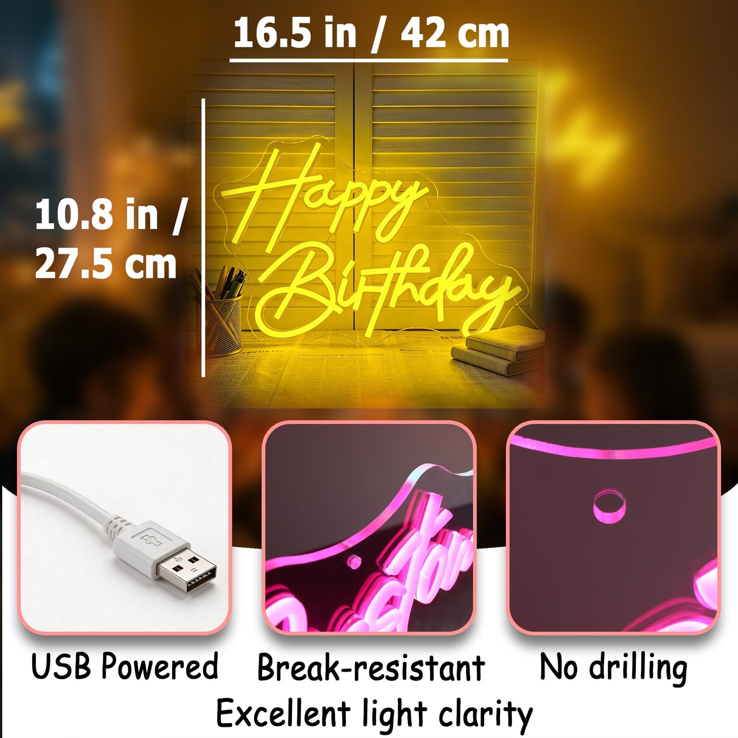 Whfobfe Yellow Neon Sign Led Neon Lights Signs for Wall Decor USB Powered Led Signs for Room Decoration-Happy Birthady