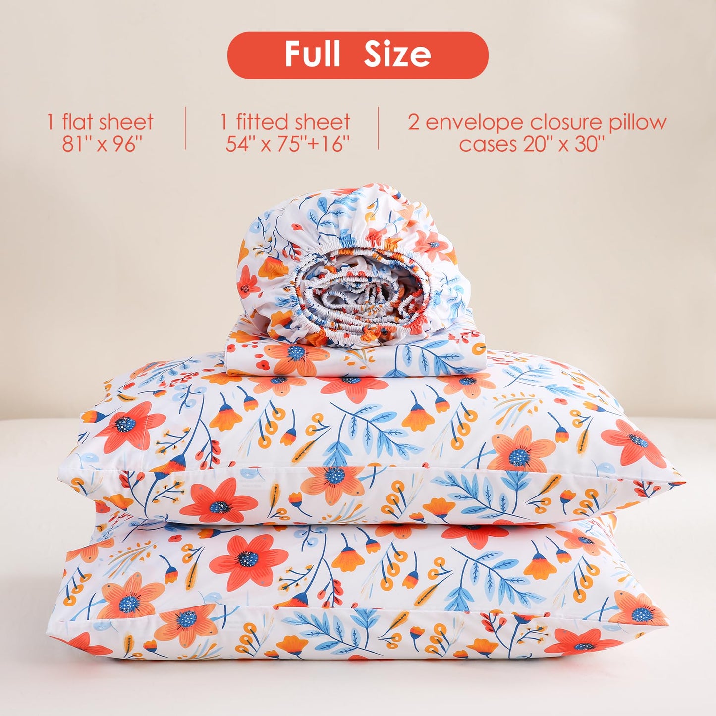 JSD Floral Printed Sheet Set Full Size, 4 Piece Spring Pattern Microfiber Bed Sheets Deep Pocket, Oeko-TEX Certified