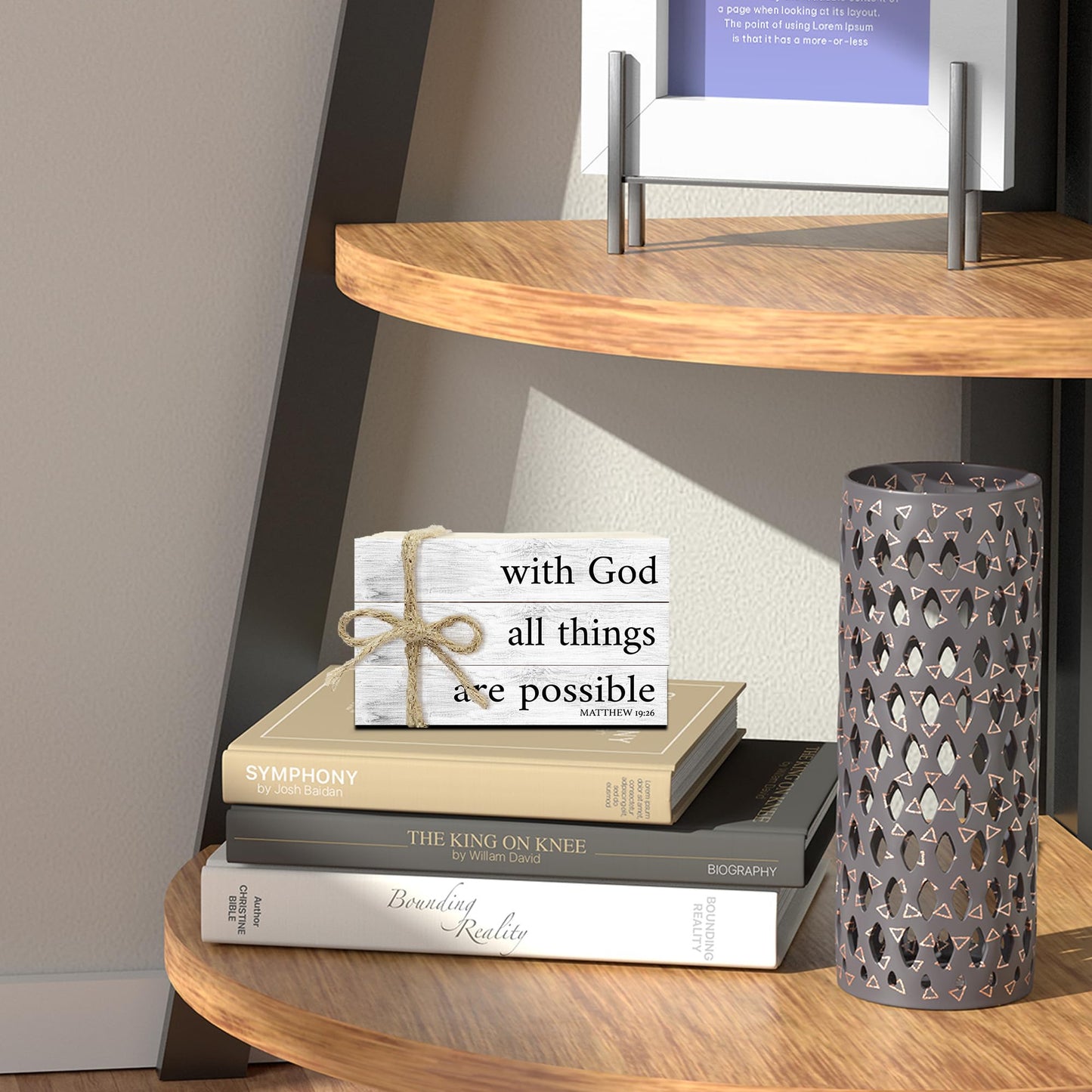Mini Decorative Books For Home Decor, Small Christian Table Faux Wood Book Stack Decor, With God All Things Are Possible Bible Stacked Book Decor, Stack Display Book For Shelf, Three Pieces -A(02)