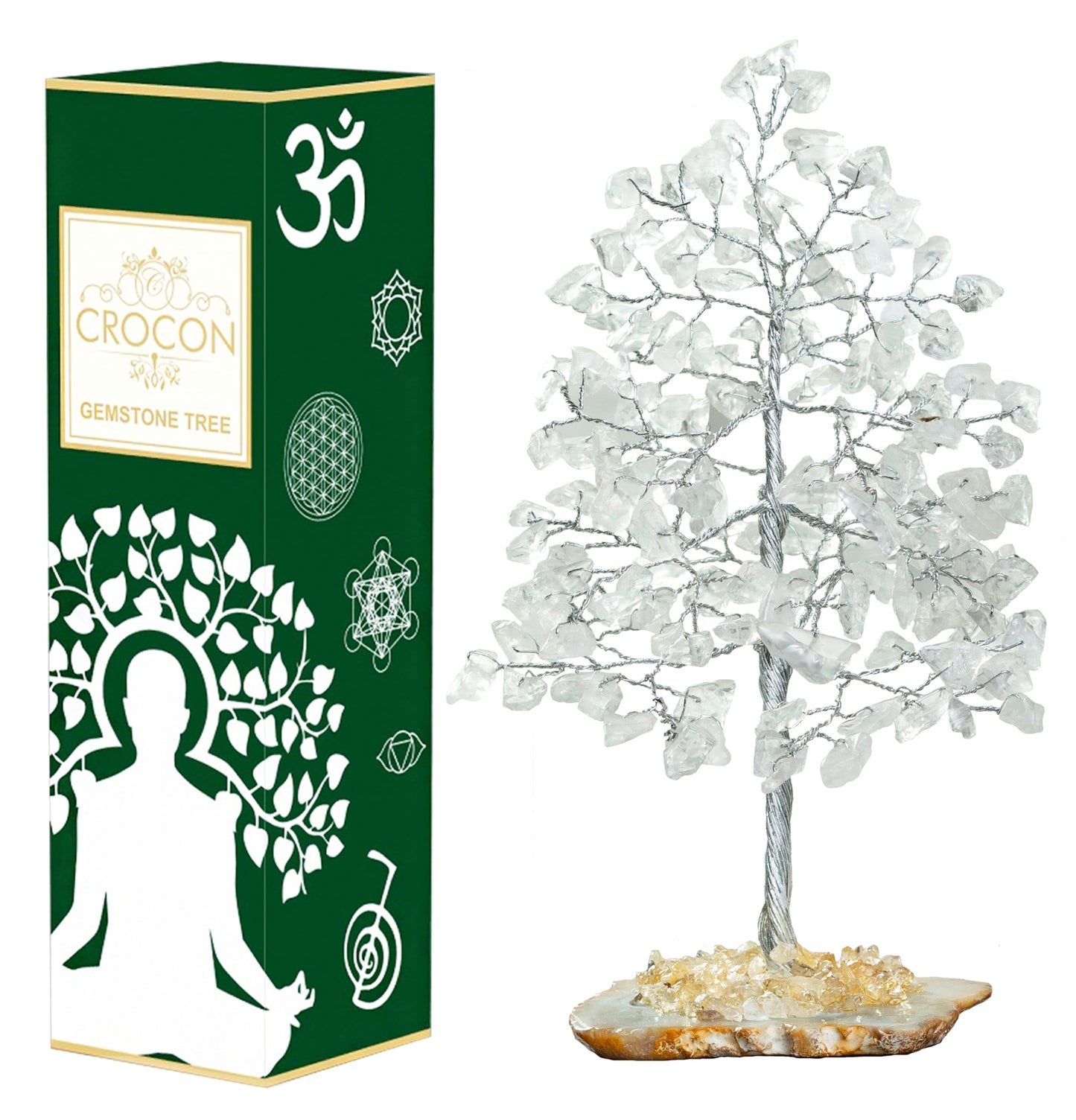 Crocon® Clear Quartz Crystal Wire Tree with Agate Slice Base - Home Decoration, Crystal Gifts, Birthday Gifts for Women & Men, Wedding, Anniversary, House Warming Gift for Her, Mum, Sister & Grandma