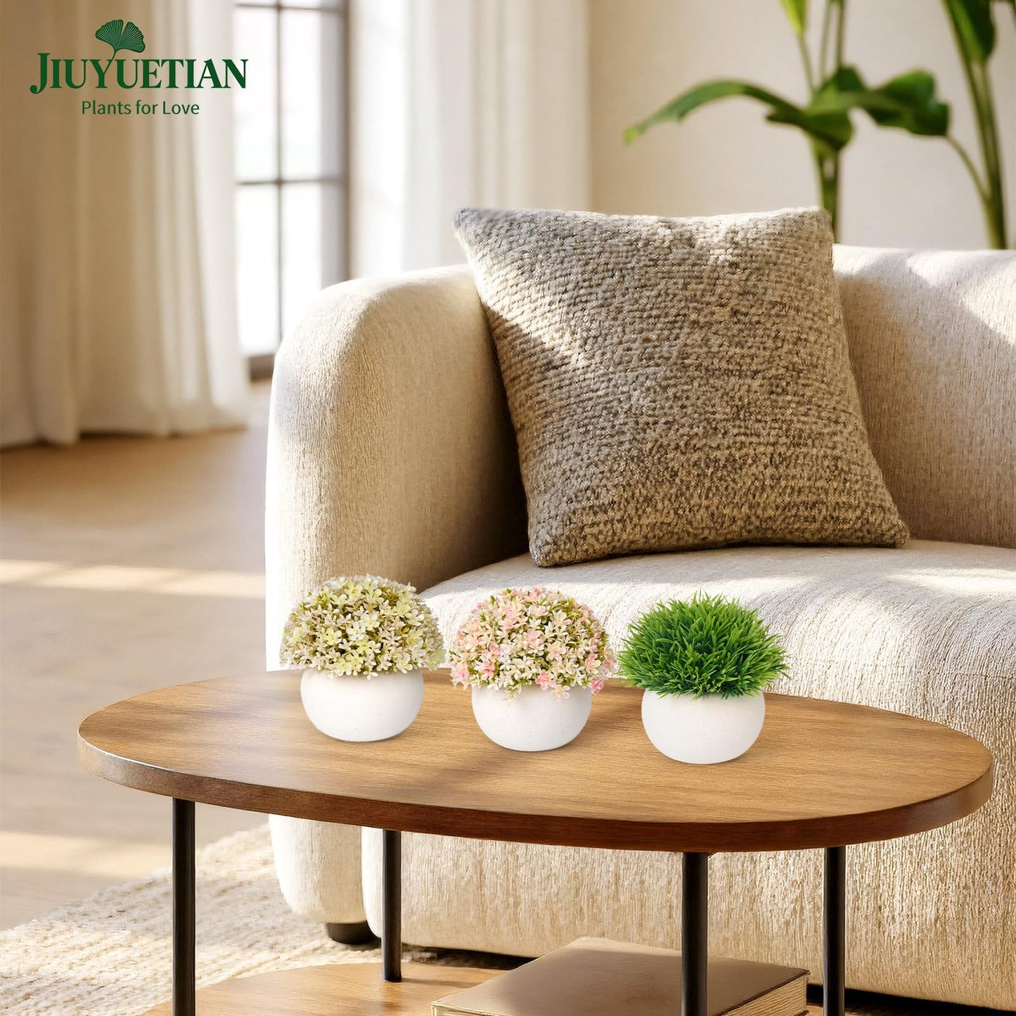 JIUYUETIAN Fake Plants-3-Pack Mini Artificial Pulp Pot Decor, 2 Lilac Flower Balls & 1 Grass, No Maintenance for Desk Bathroom Home Office Shelf