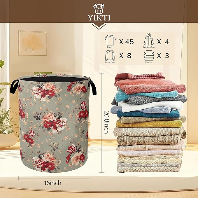 Red Rose Flowers Laundry Hamper, Vintage Floral Clothes Hamper