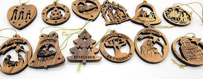 Zuluf 12-Piece Olive Wood Ornament Collection - Authentic Nativity & Bethlehem Star Designs, Religious Christian Christmas Tree Adornments