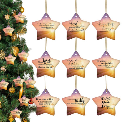 Syhood 9 Sets Christmas Christian Ceramic Ornaments Star Religious Bible Verse Ornaments with Gift Bags Inspirational Quotes for Women Church Christmas Tree