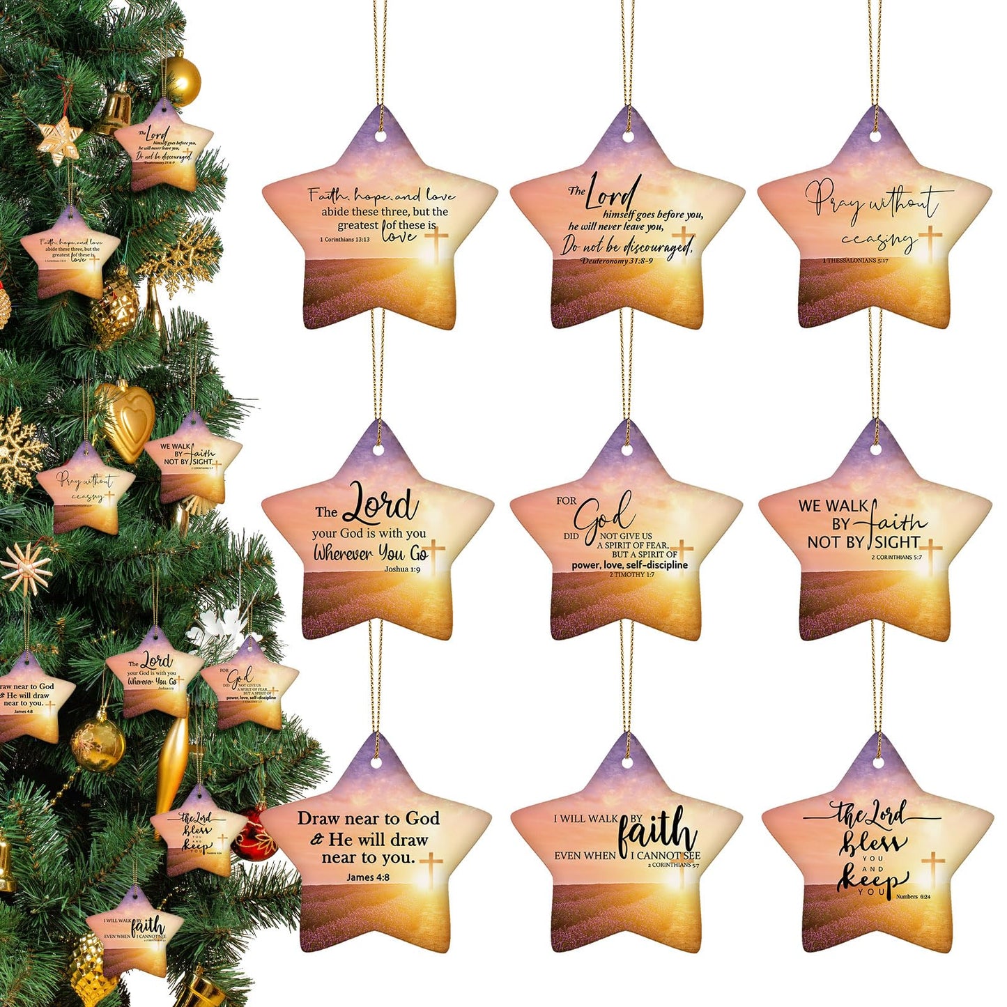 Syhood 9 Sets Christmas Christian Ceramic Ornaments Star Religious Bible Verse Ornaments with Gift Bags Inspirational Quotes for Women Church Christmas Tree