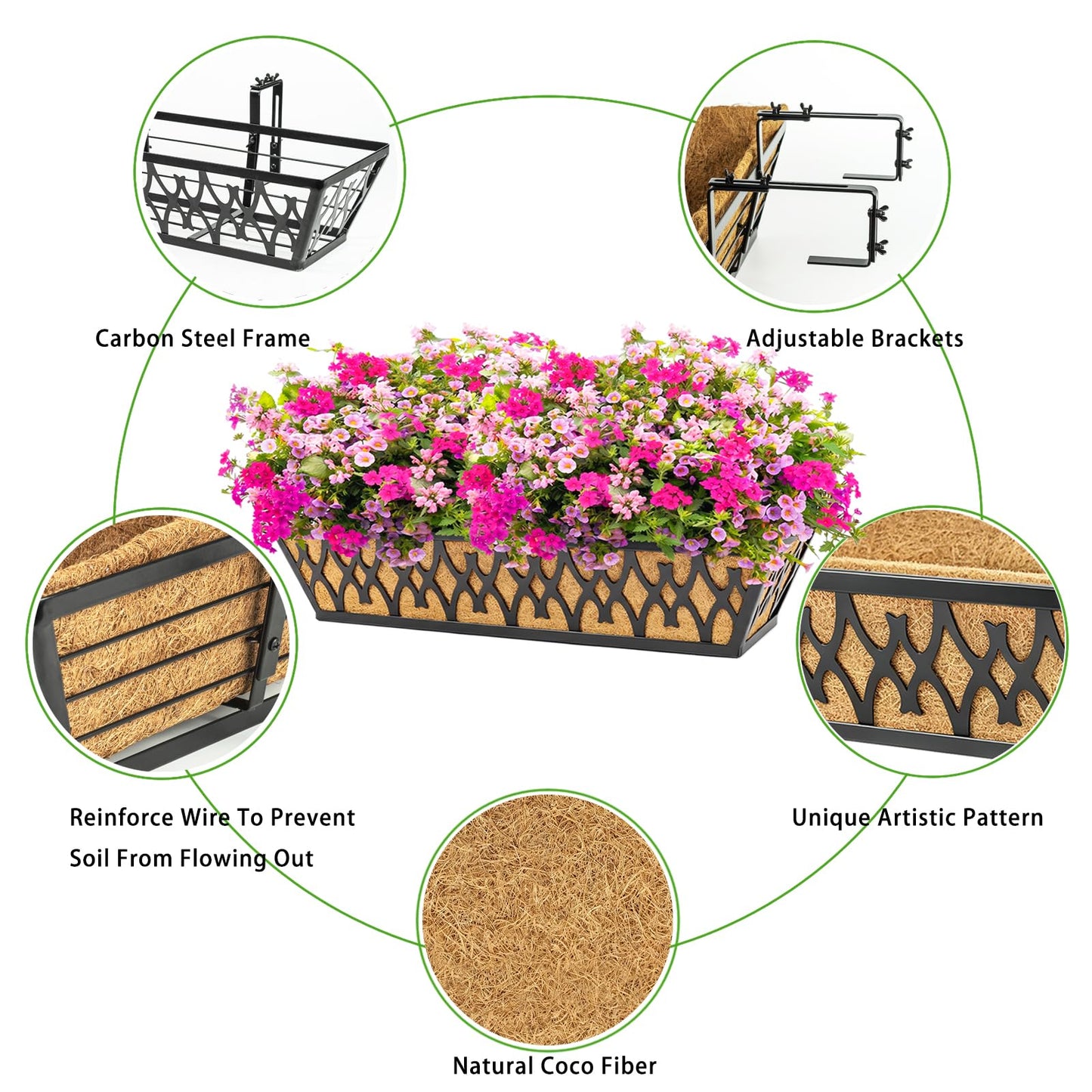 Karlliu 2 Pack 24 Inch Window Boxes Planters Railing Planter Box with Adjustable Brackets for Porch Fence Patio Balcony Hanging Flower Baskets with Coco Liners for Outdoor Garden Décor - Black