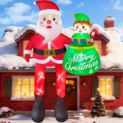 CORALMEE 10FT Christmas Inflatable Santa Claus Outdoor Decorations, Climbing Santa Inflatable Yard Decor with Elf & Built-in LEDs, Giant Christmas Blow up Decorations for Roof Balcony Plaza Street