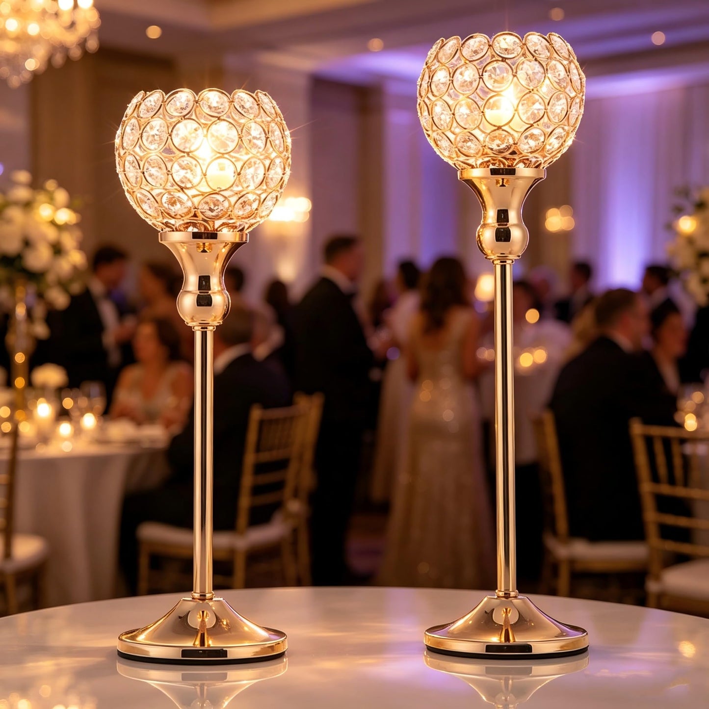 VINCIGANT Gold Crystal Candle Holders Set of 2,Pillar Candlesticks for Table Centerpieces, Valentine's Day Home Decor Wedding Party Housewarming Gift
