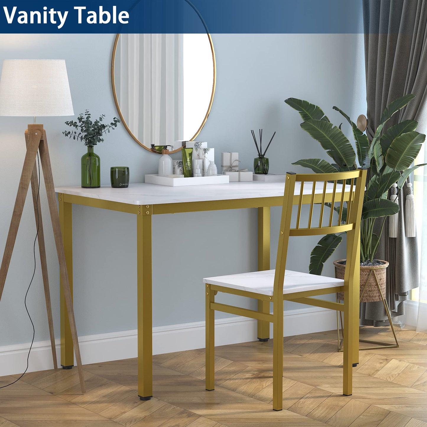 Teraves Dining Table Set for 4/Computer Desk,Kitchen Table with 2 Chairs and a Bench,Table and Chairs Dining Set 4 Picce Set for Dining Room (White Marbling+ Gold Frame,110CM)