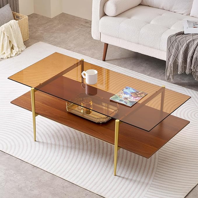 LumFurn Extra Large Rectangle Glass Coffee Table, Mid-Century Modern Design