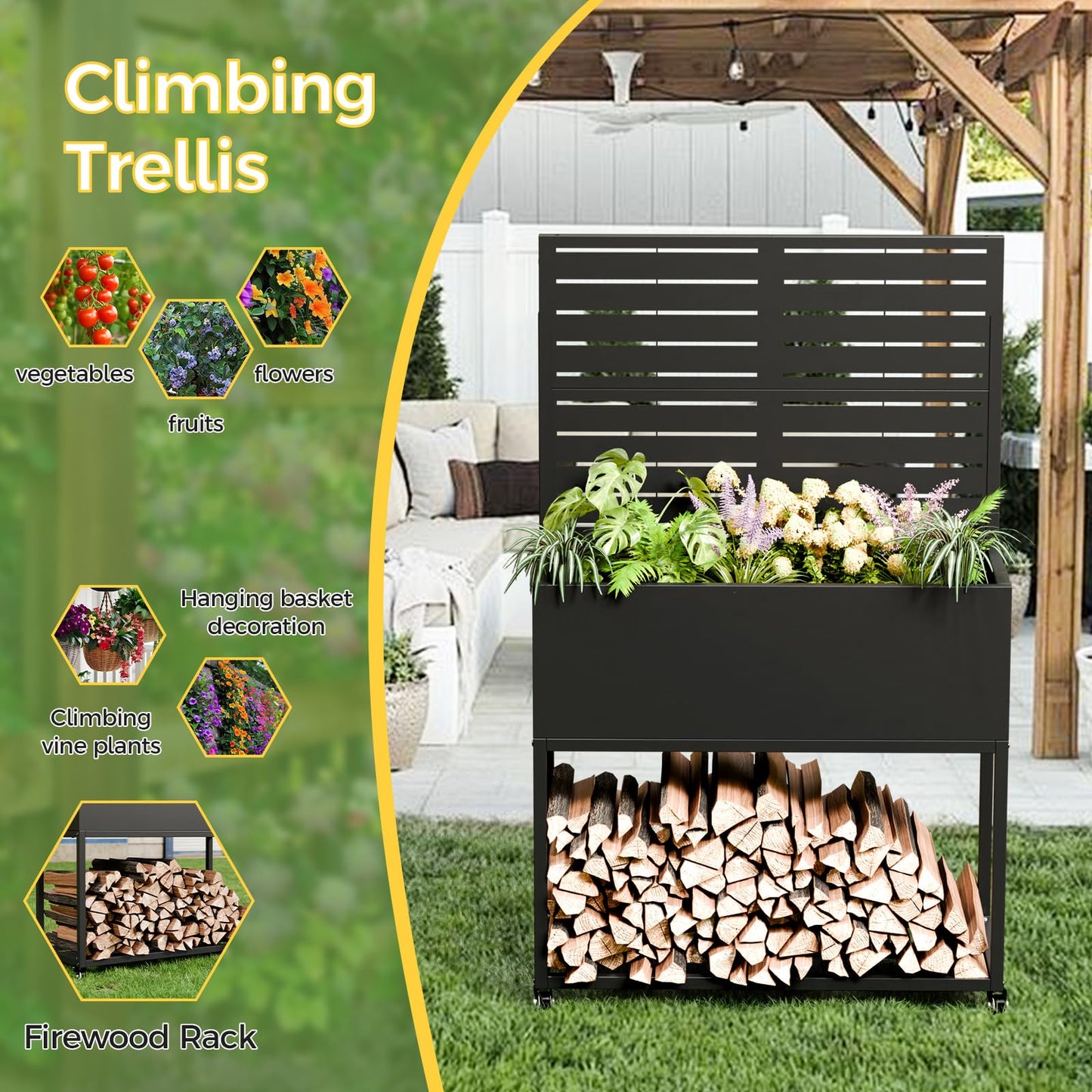 Metal Planter Box with Trellis, 3 in 1 Raised Garden Bed with Trelli & Firewood Rack, Privacy Planter Screen for Climbing Plants, Vine, Outdoor Garden Standing Beds with Drainage Holes, Wheels,Black