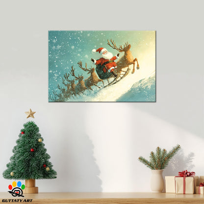 GUTTATY Christmas Canvas Wall Decor, Funny Santa Pictures Wall Art, Reindeer Animal Christmas Wall Painting, Sledges Decoration Christmas Pictures Posters for Living Room, Bedroom 18x24 Inch