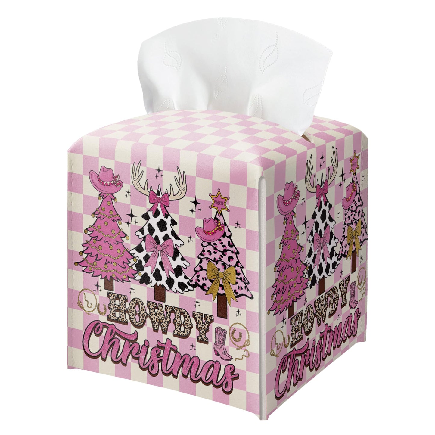 Howdy Christmas Tissue Box Holder, Pink Checkered Cowgirl Western Christmas Trees Leather Tissue Box Cover Square, Paper Facial Decorative Tissues Cover for Bathroom Office Home Decor-B07