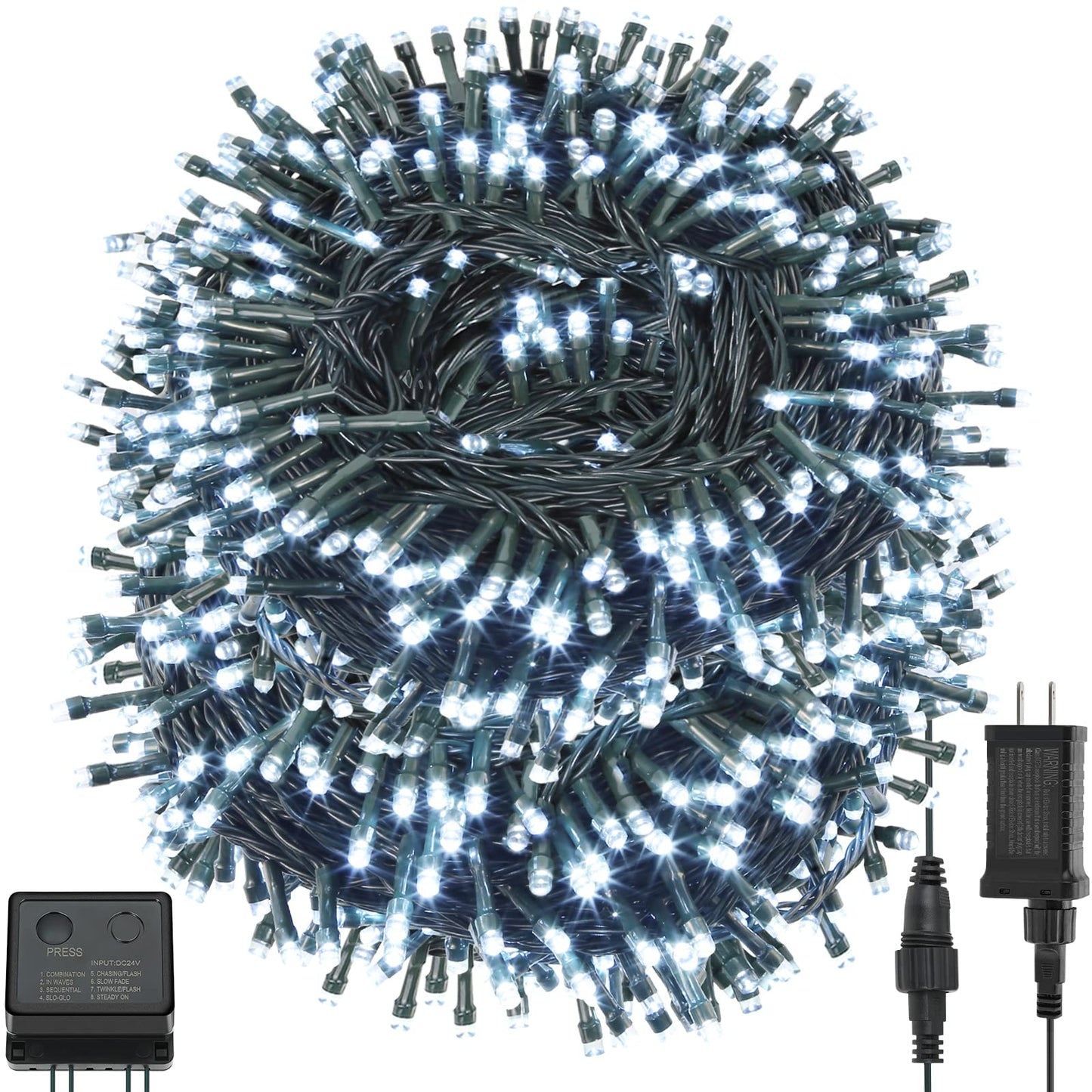 QUWIN Led Outdoor Christmas String Lights, 500 LED UL Certified 8 Lighting Modes, Indoor & Outside Waterproof Fairy Light for Christmas Tree, Patio, Holidays, Party (180 Ft Cool White)
