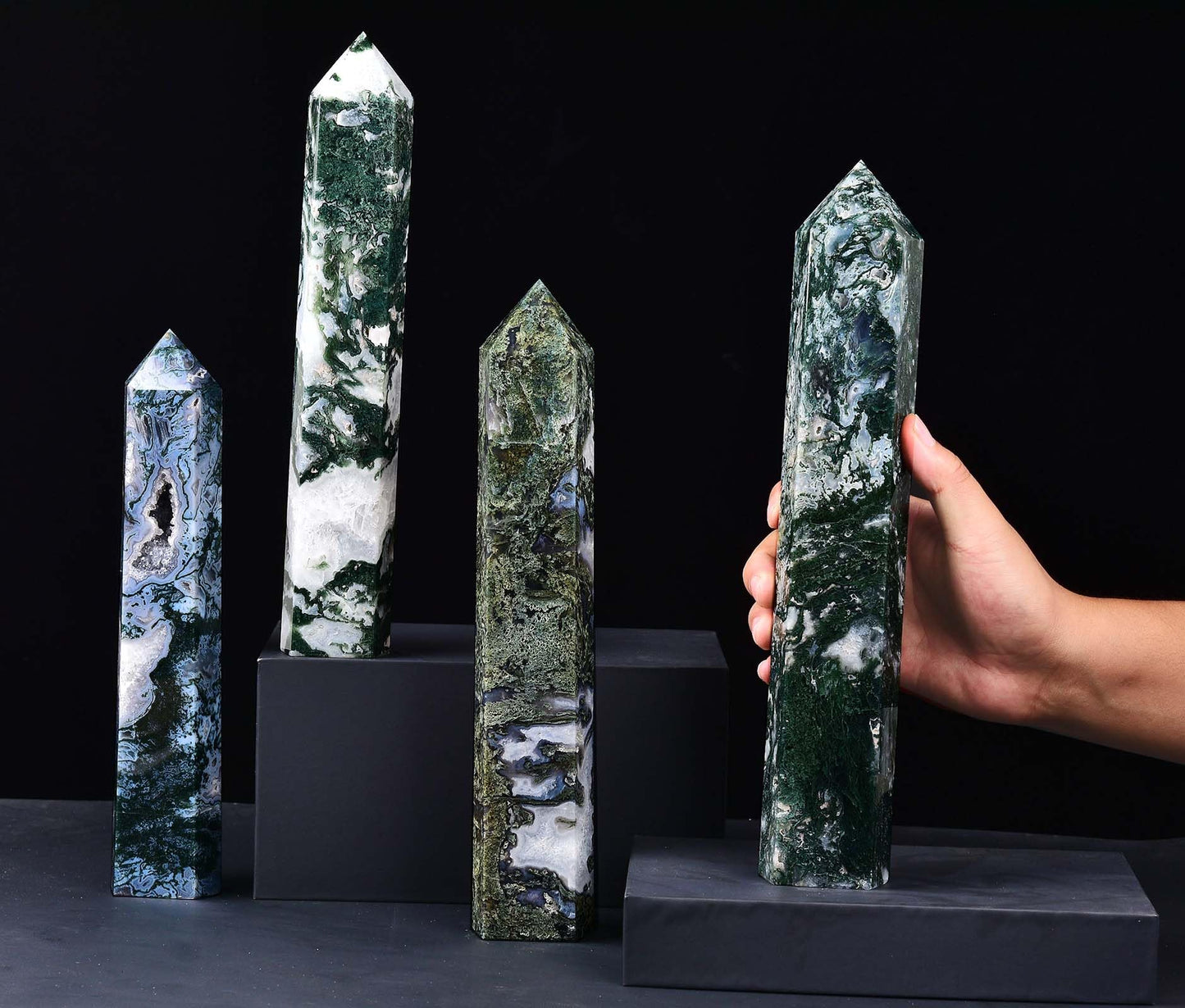 AMOYSTONE Extra Large Healing Crystal Obelisk Towers Moss Agate Point Wand Home Decor Reiki Healing 4.0-4.4LBS