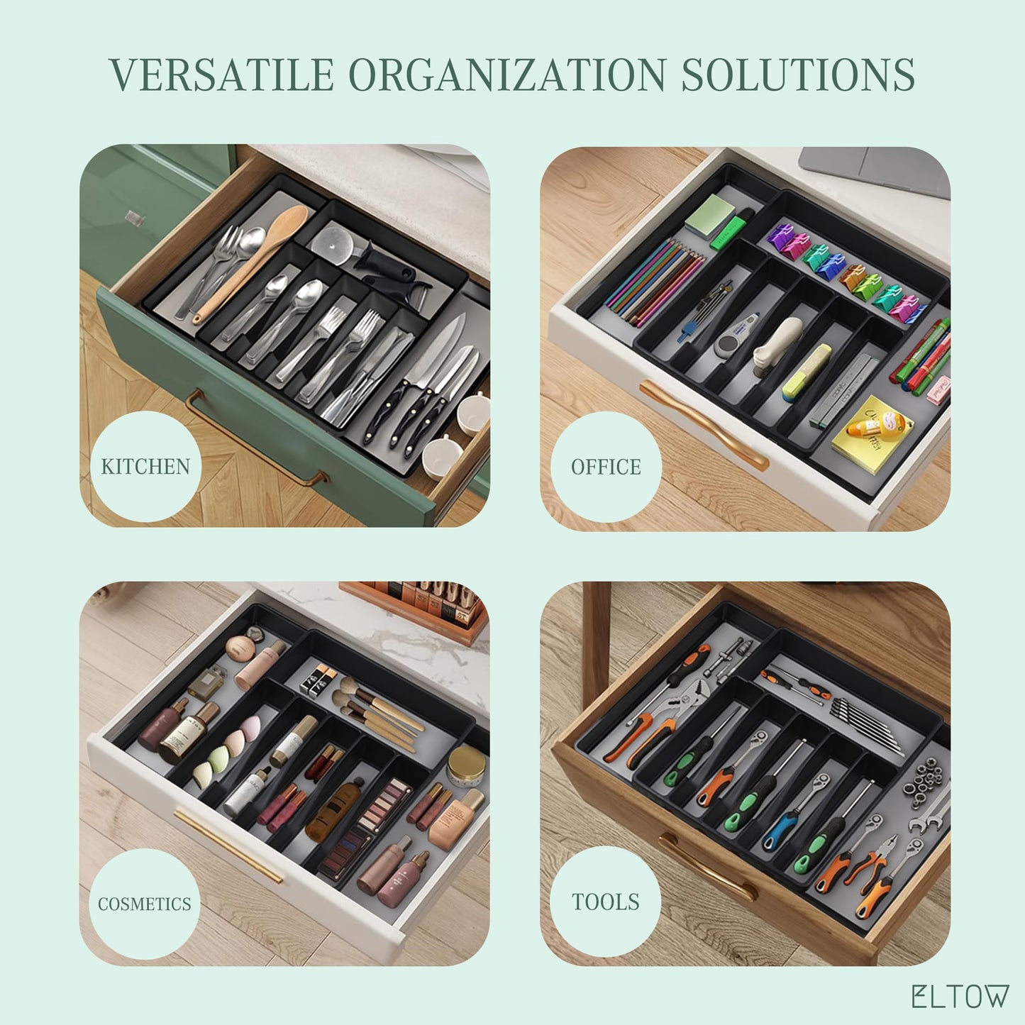 ELTOW Large Expandable Silverware Drawer Organizer, 8 Compartment Non-Slip & Adjustable Silverware Organizer for Drawer, Kitchen Organization for Utensils, Cutlery, Silverware Tray (Black)