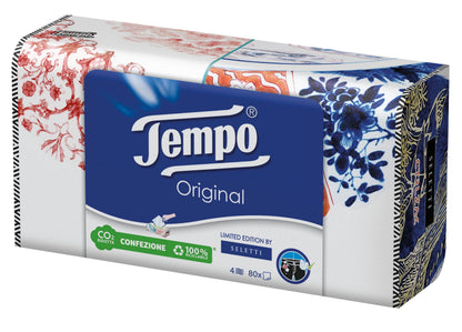 Tempo Paper Tissues Box, 3 Boxes of 80 Disposable Tissues, 4-Ply, Limited Edition Seletti Box, 4 Assorted Graphics, Recyclable Pack of Natural Origin